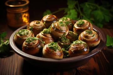 Escargots de Bourgogne on wooden table. French appetizer tradition. - 686237507