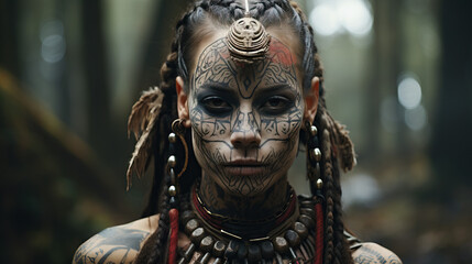 Portrait of a tribal shaman with intricate face paint, tribal accessories, and a mystical atmosphere. Concept of Spiritual Connection, Ancient Wisdom, and Shamanic Traditions.