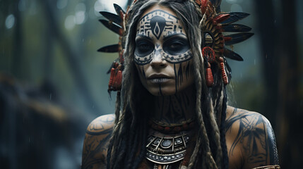 Portrait of a tribal shaman with intricate face paint, tribal accessories, and a mystical atmosphere. Concept of Spiritual Connection, Ancient Wisdom, and Shamanic Traditions.