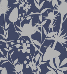 Seamless pattern with silhouettes of dried flowers, eryngium, eucalyptus, butterflies and berries. For the design of paper, fabrics and ceramics.