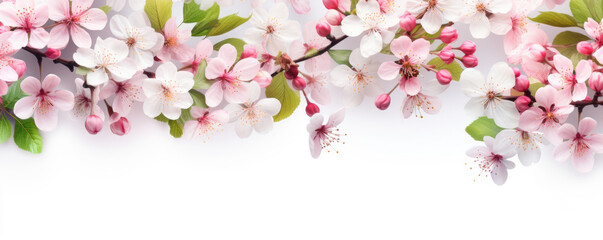 Beautiful cherry twigs with flowers on a white background and copy space for text at the bottom. Spring background.