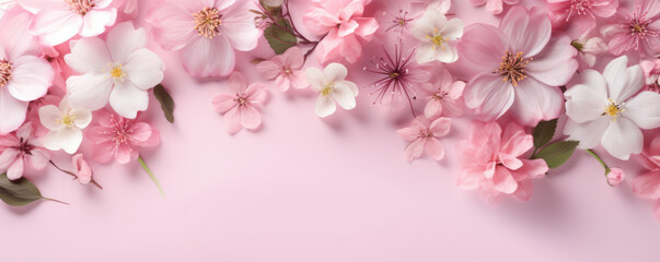 Fototapeta na wymiar Beautiful spring flowers on a pink background and copy space for text at the bottom. Spring background.