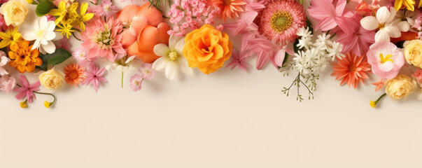 Naklejka na ściany i meble Beautiful spring flowers on a beige background and copy space for text at the bottom. Spring background.