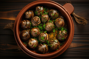 Escargots de Bourgogne on wooden table. French appetizer tradition. - 686237997