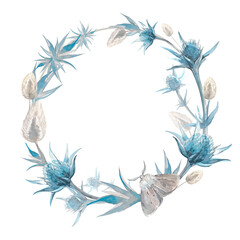 Wreath with dried flowers, eryngium, lagurus, eucalyptus and moth. Hand drawn in watercolor. For design of cards, invitations, packaging.