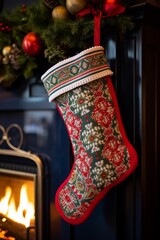 Christmas stocking hanging on the fireplace, with Christmas pattern. New Year's and Christmas concept.