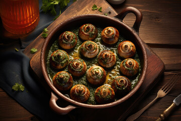Escargots de Bourgogne on wooden table. French appetizer tradition. - 686238132