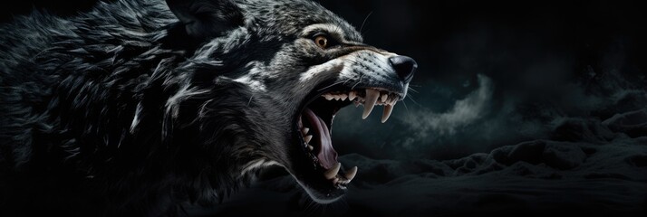 Angry grinning wolf (Canis lupus) on black background. Growling muzzle of a wolf. Banner about wild animal with copy space - obrazy, fototapety, plakaty
