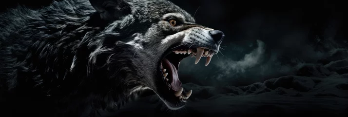 Keuken spatwand met foto Angry grinning wolf (Canis lupus) on black background. Growling muzzle of a wolf. Banner about wild animal with copy space © ratatosk