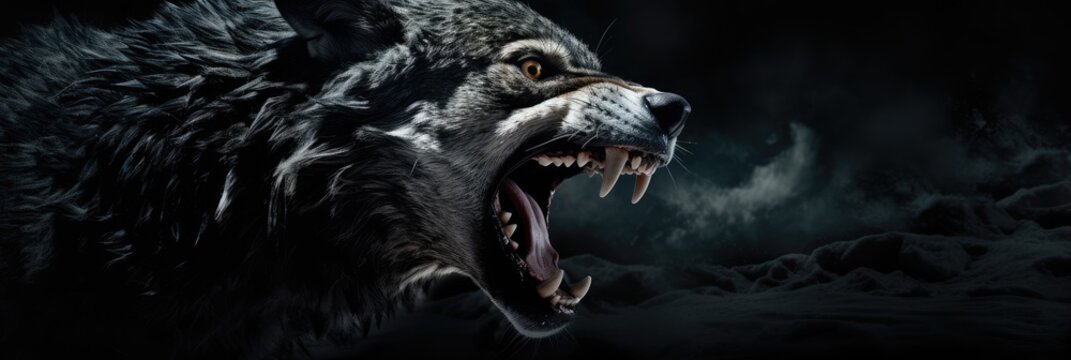Angry grinning wolf (Canis lupus) on black background. Growling muzzle of a wolf. Banner about wild animal with copy space