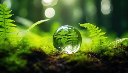 Fotobehang A drop of water and a fern in the reflection in the forest , safe nature day concept © terra.incognita