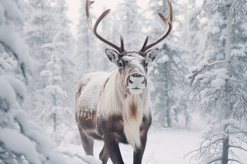 Big elk in winter forest. Bull Elk male. Banner with beautiful animal in the nature habitat. Wildlife scene from the wild nature landscape. Wallpaper, Christmas background