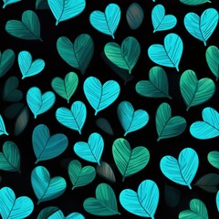 hearty leaves in turquoise squares on a black seamless pattern background