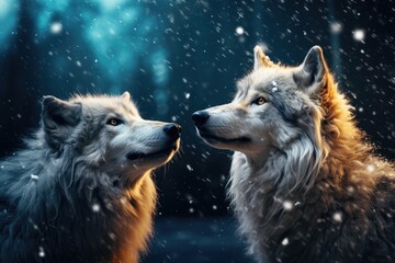 Two beautiful wild arctic wolves in wolf pack in cold snowy winter forest. Couple of gray wolves. Banner with wild animals in nature habitat. Wildlife scene - obrazy, fototapety, plakaty