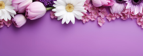 Fototapeta na wymiar Beautiful flowers of white, purple, and pink flowers and other flowers with leaves on the sides on purple background with copy space for text at the bottom. Spring background.