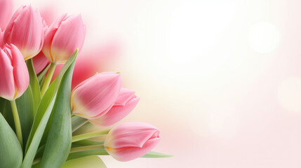 Beautiful pink tulips on a blurred background with glare and copy space for text. Close-up. Spring background.