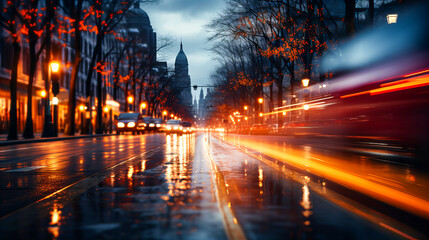 Obraz premium Abstract blurred background of a city street at night with bokeh. Traffic in the city at night, defocused lights on the road. Generative AI technology.