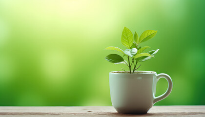 Fototapeta na wymiar Plant in a cup on a green background , safe nature earth day concept