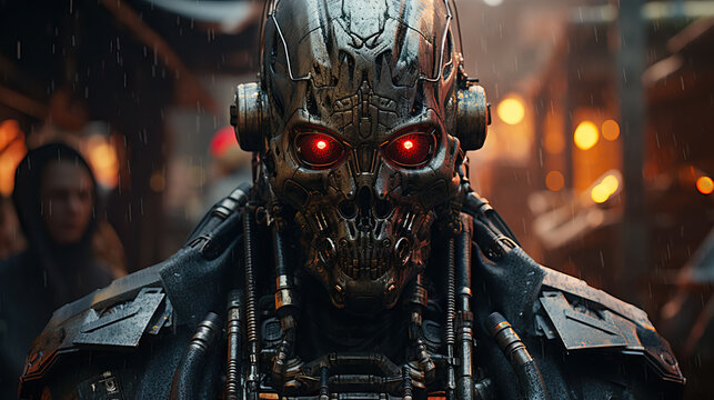 Portrait of a dystopian bounty hunter with cybernetic enhancements, rugged attire, and a steely gaze. Concept of Futuristic Justice, Cybernetic Pursuit, and the Gritty Realities of a Dystopian World.