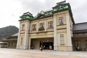 The old Mojiko station building with blue sky in Kitakyushu, Japan.