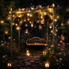 Magical Garden Party Scene Whimsical Lights Enchanting Florals