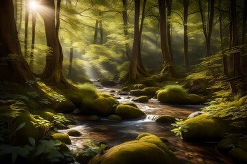 "Generate a serene woodland scene with a meandering stream and sunlight filtering through the leaves."