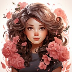 Portrait of Cute Happy Young Girl Pink Wildflowers Cartoon Style