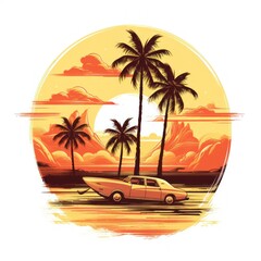 Stylized Sunset Palm Trees Vintage Surf Culture Vibe Clipart