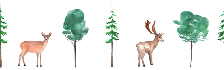 Woodland wildlife border. Illustration with animal and tree. Watercolor animal and forest evergreen trees on white background. - obrazy, fototapety, plakaty