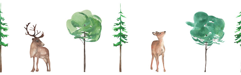 Woodland wildlife border. Illustration with animal and tree. Watercolor animal and forest evergreen trees on white background. - obrazy, fototapety, plakaty