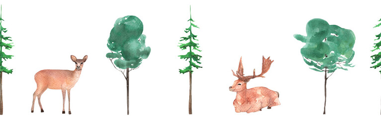 Woodland wildlife border. Illustration with animal and tree. Watercolor animal and forest evergreen trees on white background.
