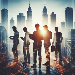 Obraz premium Dynamic Kuala Lumpur skyline backdrop frames businessmen silhouettes in a teamwork-inspired multiexposure. Ideal for conveying collaboration and meeting dynamics
