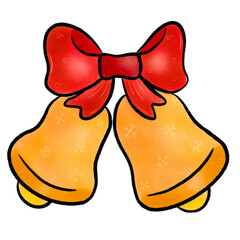 showcasing a bright yellow bell with a snow pattern and a large red bow on top