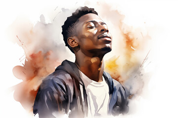 Handsome young black man - mixed emotions - calmness - freedom - watercolor illustration - obrazy, fototapety, plakaty