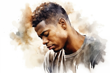 Handsome young African american man - mixed emotions - calmness - freedom - mindfulness - watercolor illustration - obrazy, fototapety, plakaty