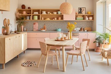 Modern kitchen design with chic pink cabinets, wood accents, and a stylish pendant light