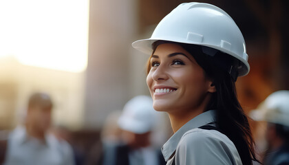 Female construction worker in helmet at construction site - obrazy, fototapety, plakaty