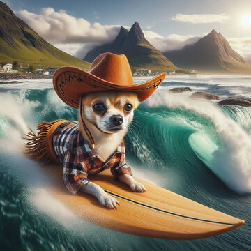 Cowboy dog chiuaua surfing ocean