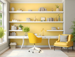 Yellow stylish home office with shelves and a desk. High quality