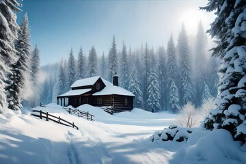 "Imagine a snowy winter landscape with a cozy cabin, smoke gently rising from the chimney, and snow-laden trees."