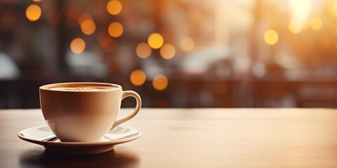 Fototapeta premium A white coffee cup with a spoon, with a cafe in the background.