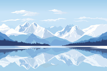 Beautiful panoramic landscape of a lake with reflections against the backdrop of stunning large mountains covered with snow, trees and amazing clouds. Vector illustration for Christmas or New Year.