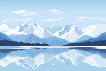  Beautiful panoramic landscape of a lake with reflections against the backdrop of stunning large mountains covered with snow, trees and amazing clouds. Vector illustration for Christmas or New Year. © LoveSan