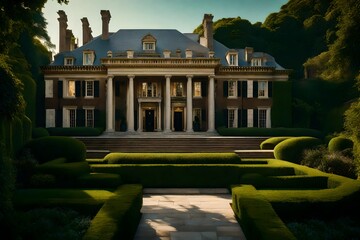 "Generate an opulent mansion nestled on a hill, surrounded by meticulously landscaped gardens and a grand entrance."