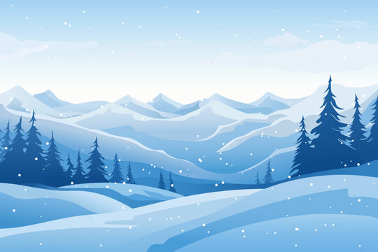 Simple beautiful winter mountain landscape. Snow-capped mountains, forest and large snowdrifts. Flat vector for Christmas or New Year.
