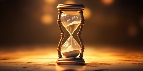 A black sand hourglass against a blue background, symbolizing time passing - obrazy, fototapety, plakaty