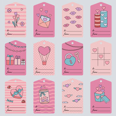 Valentine’s Day tags and cards, hand-drawn in flat design