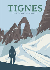 tignes french alps ski poster vintage design, france national park poster design - obrazy, fototapety, plakaty
