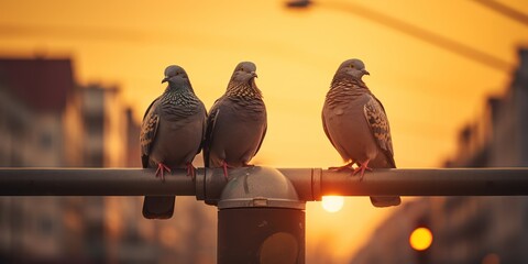 Pigeons sitting on a yellow traffic light, ignoring the red light. - obrazy, fototapety, plakaty