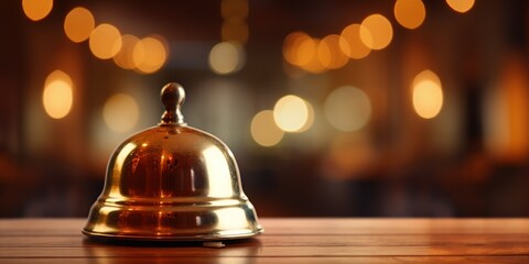 Service bell on a counter, with a blurred light backdrop. - obrazy, fototapety, plakaty